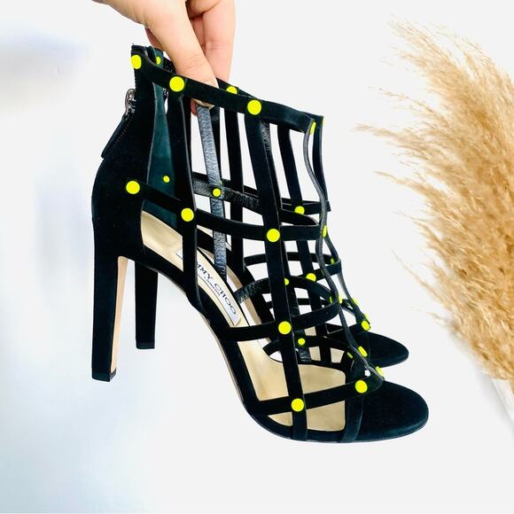 NEW JIMMY CHOO Black Neon Yellow Studded Tina Caged Heel Stiletto Sandals 40 10 - Picture 9 of 16
